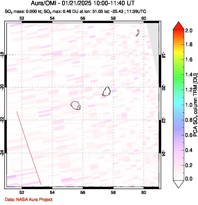 A sulfur dioxide image over Reunion Island, Indian Ocean on Jan 21, 2025.