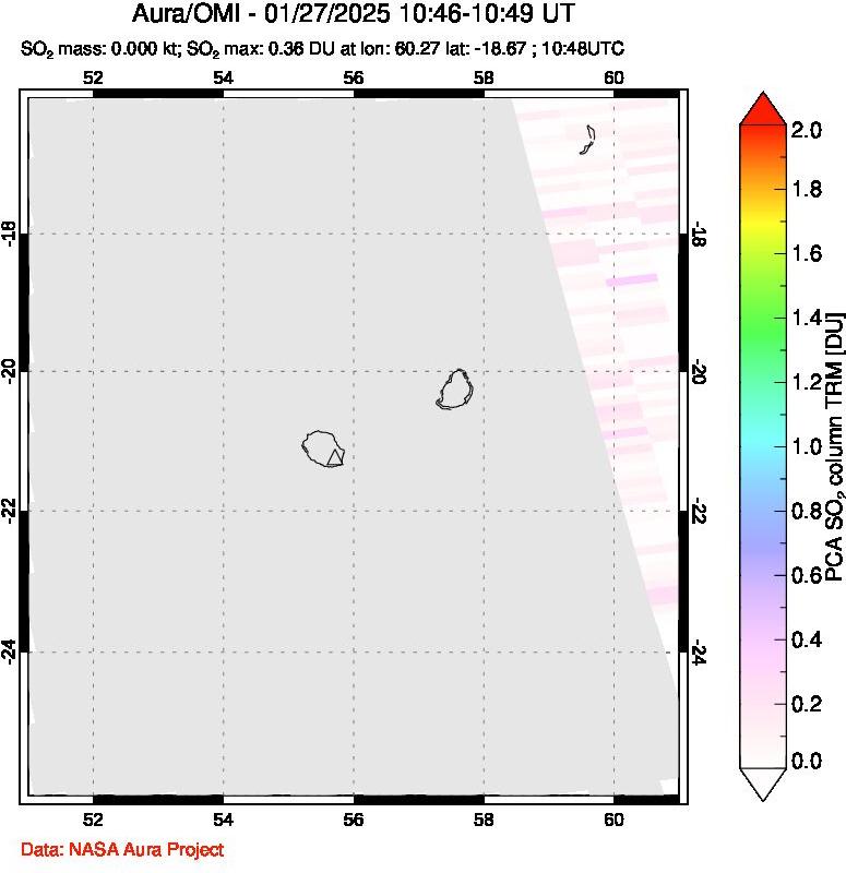 A sulfur dioxide image over Reunion Island, Indian Ocean on Jan 27, 2025.