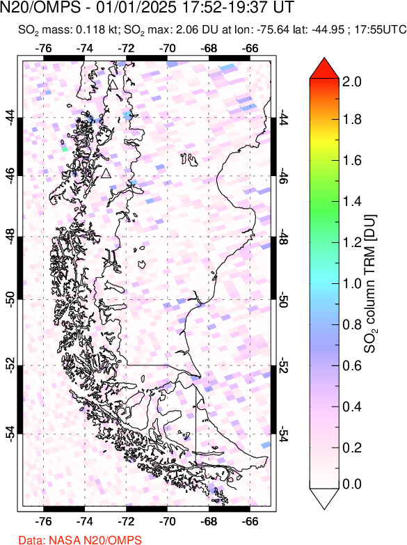 A sulfur dioxide image over Southern Chile on Jan 01, 2025.