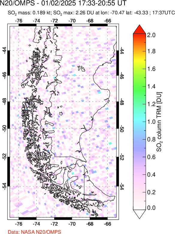 A sulfur dioxide image over Southern Chile on Jan 02, 2025.