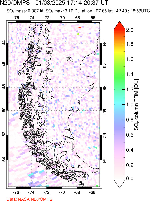 A sulfur dioxide image over Southern Chile on Jan 03, 2025.