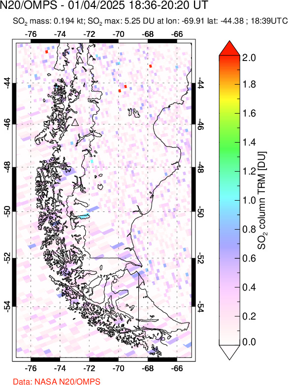 A sulfur dioxide image over Southern Chile on Jan 04, 2025.