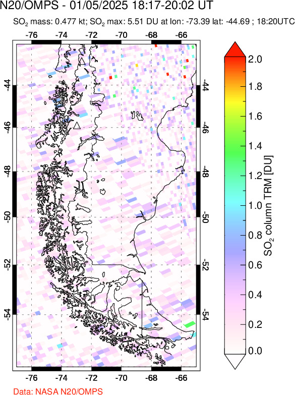 A sulfur dioxide image over Southern Chile on Jan 05, 2025.