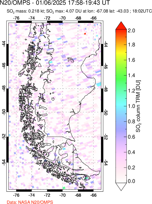 A sulfur dioxide image over Southern Chile on Jan 06, 2025.