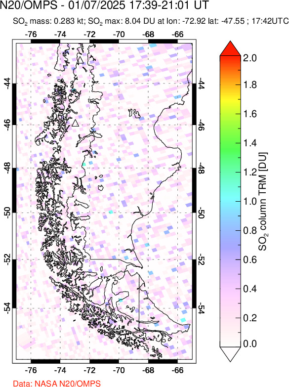 A sulfur dioxide image over Southern Chile on Jan 07, 2025.