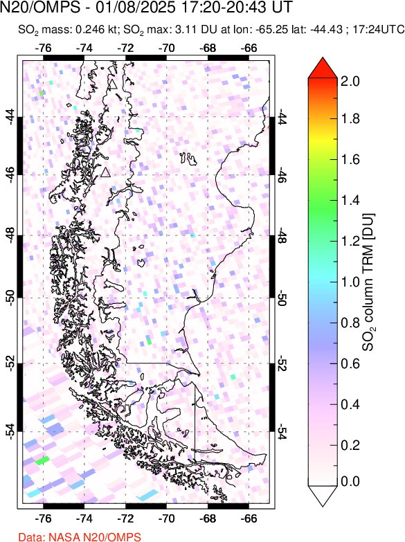 A sulfur dioxide image over Southern Chile on Jan 08, 2025.