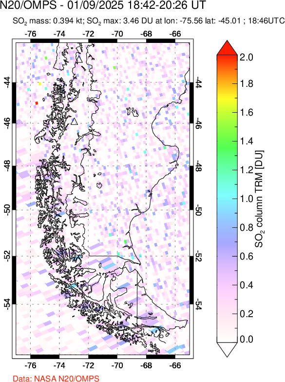 A sulfur dioxide image over Southern Chile on Jan 09, 2025.