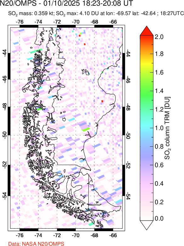 A sulfur dioxide image over Southern Chile on Jan 10, 2025.