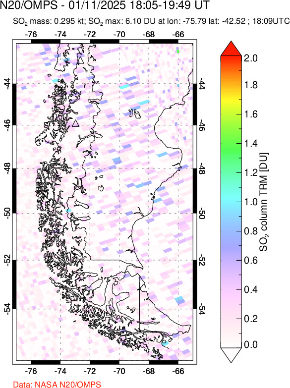 A sulfur dioxide image over Southern Chile on Jan 11, 2025.