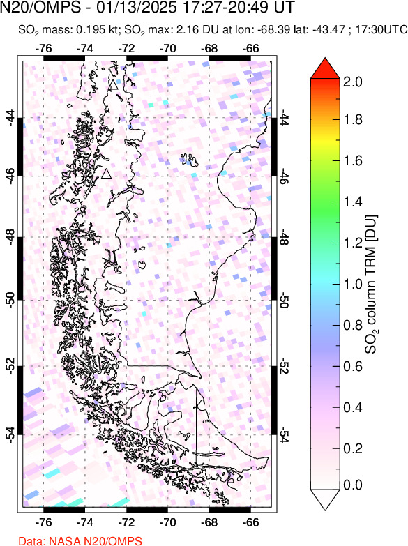 A sulfur dioxide image over Southern Chile on Jan 13, 2025.