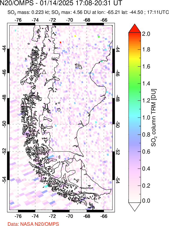 A sulfur dioxide image over Southern Chile on Jan 14, 2025.