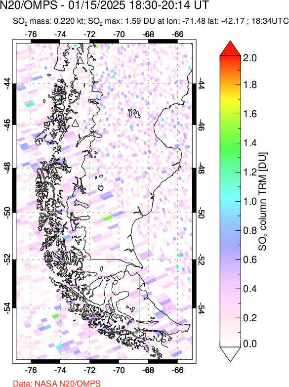 A sulfur dioxide image over Southern Chile on Jan 15, 2025.