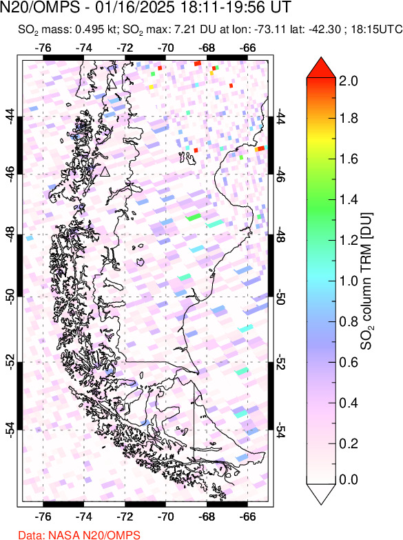 A sulfur dioxide image over Southern Chile on Jan 16, 2025.