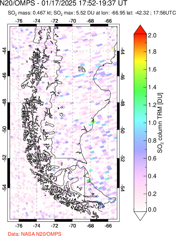 A sulfur dioxide image over Southern Chile on Jan 17, 2025.