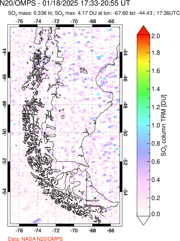 A sulfur dioxide image over Southern Chile on Jan 18, 2025.