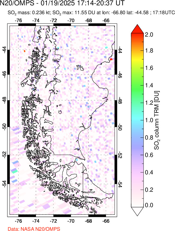 A sulfur dioxide image over Southern Chile on Jan 19, 2025.