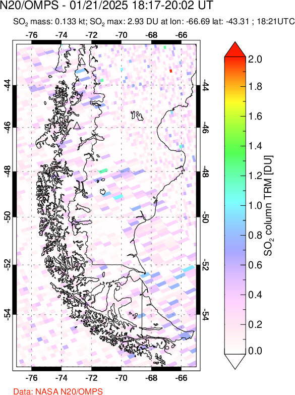 A sulfur dioxide image over Southern Chile on Jan 21, 2025.