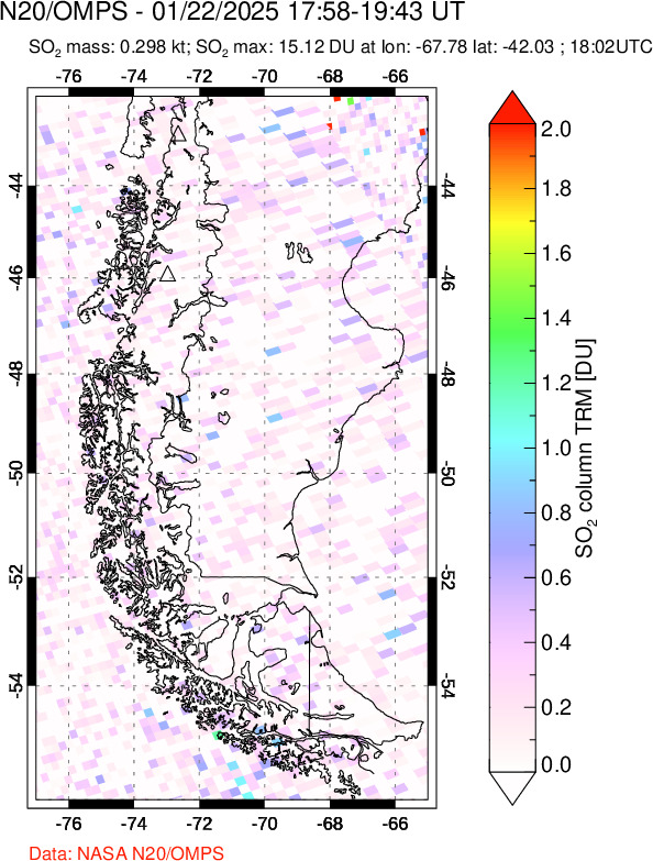 A sulfur dioxide image over Southern Chile on Jan 22, 2025.