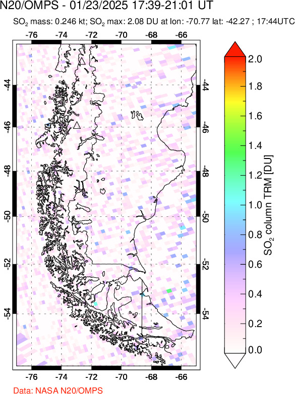 A sulfur dioxide image over Southern Chile on Jan 23, 2025.