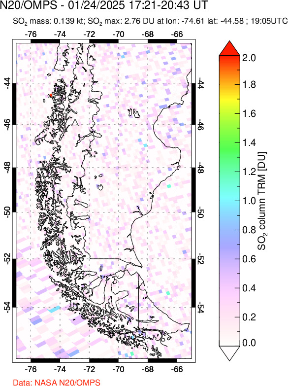 A sulfur dioxide image over Southern Chile on Jan 24, 2025.