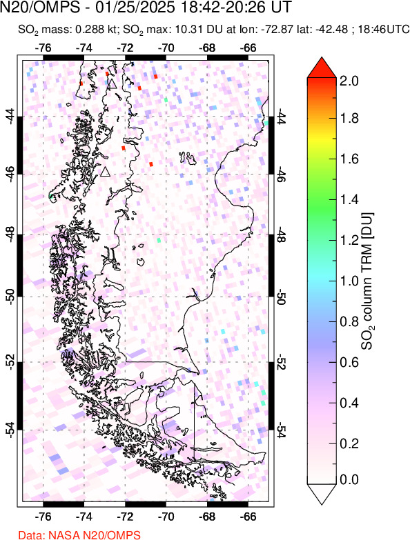 A sulfur dioxide image over Southern Chile on Jan 25, 2025.