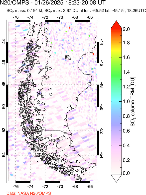 A sulfur dioxide image over Southern Chile on Jan 26, 2025.