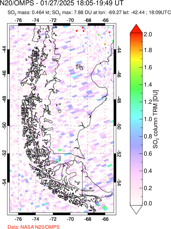 A sulfur dioxide image over Southern Chile on Jan 27, 2025.