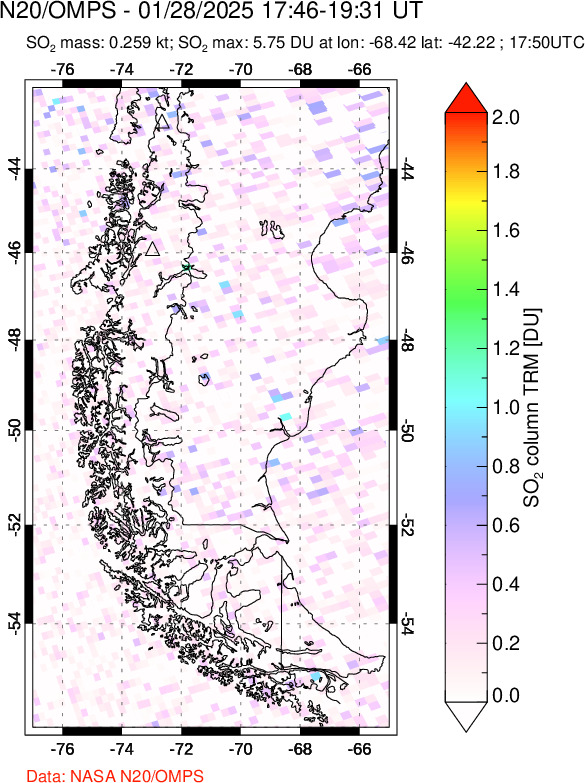 A sulfur dioxide image over Southern Chile on Jan 28, 2025.