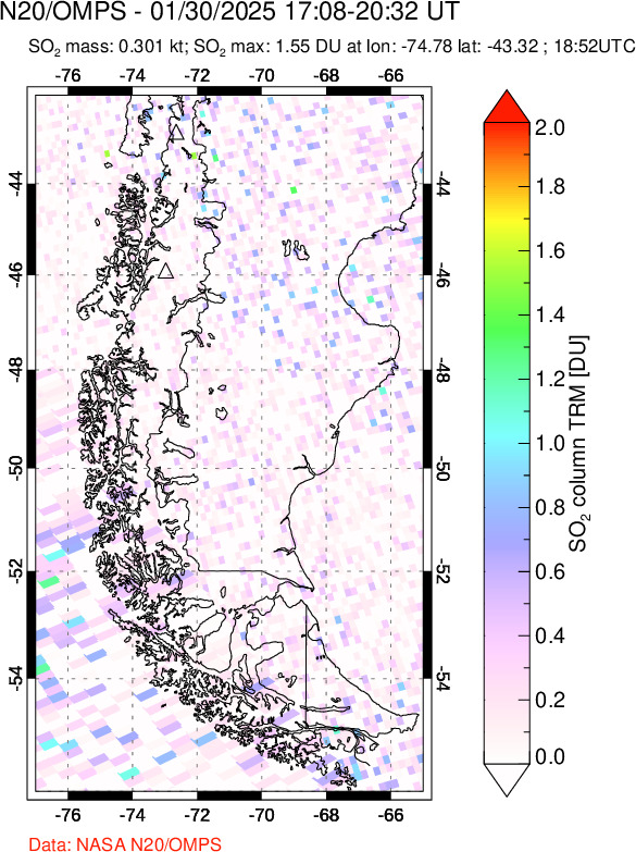 A sulfur dioxide image over Southern Chile on Jan 30, 2025.