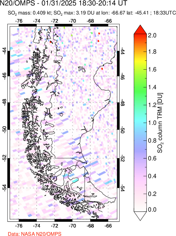 A sulfur dioxide image over Southern Chile on Jan 31, 2025.