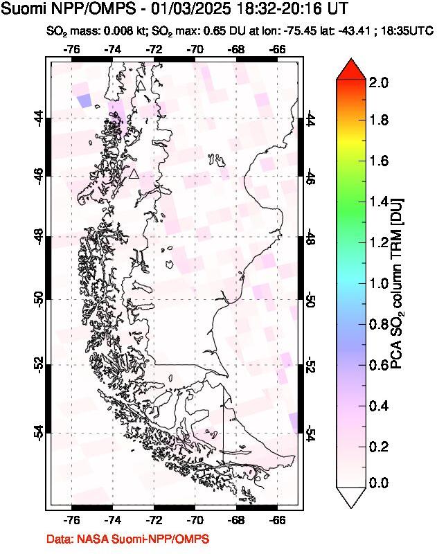 A sulfur dioxide image over Southern Chile on Jan 03, 2025.