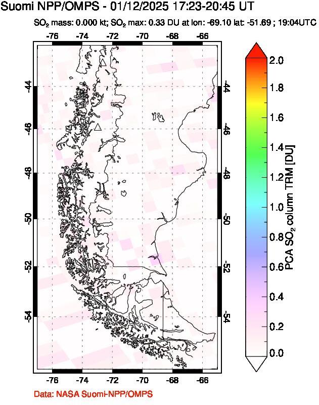 A sulfur dioxide image over Southern Chile on Jan 12, 2025.