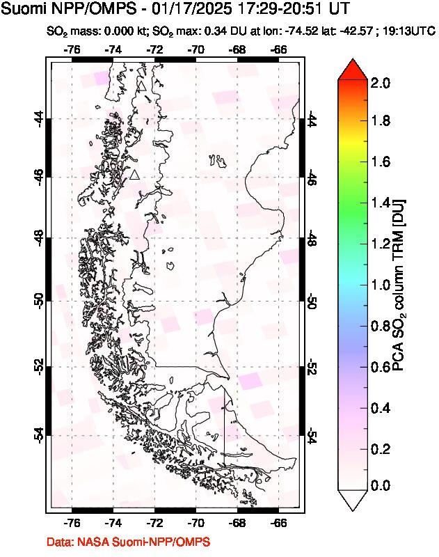 A sulfur dioxide image over Southern Chile on Jan 17, 2025.