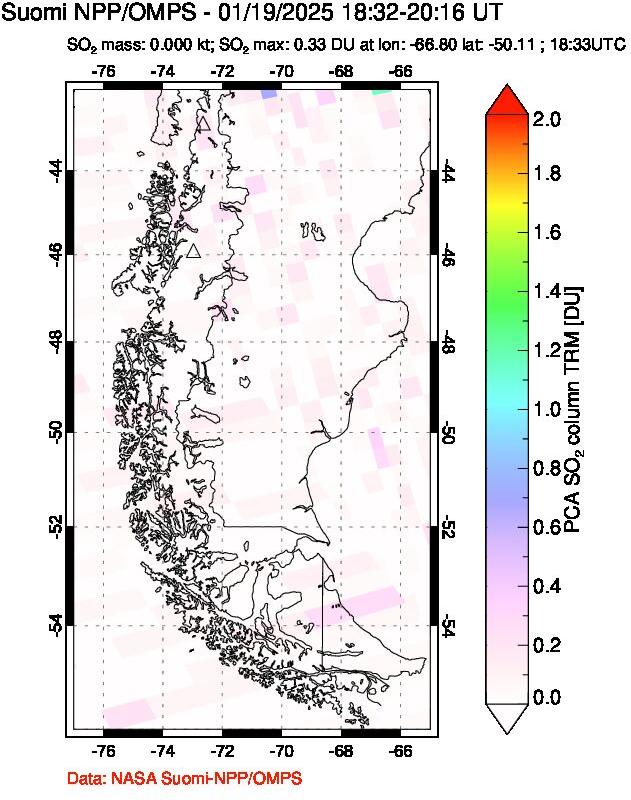 A sulfur dioxide image over Southern Chile on Jan 19, 2025.