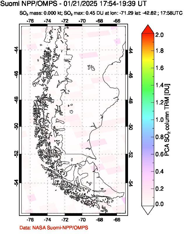 A sulfur dioxide image over Southern Chile on Jan 21, 2025.