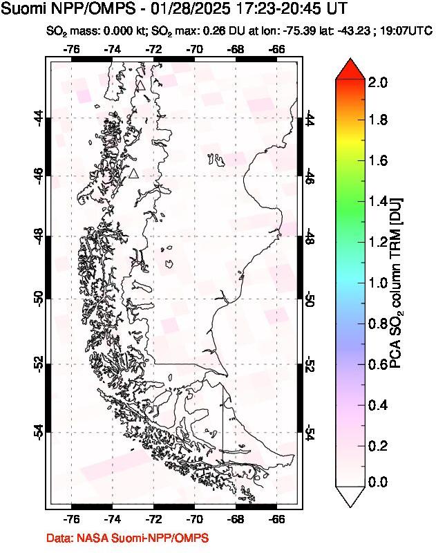 A sulfur dioxide image over Southern Chile on Jan 28, 2025.