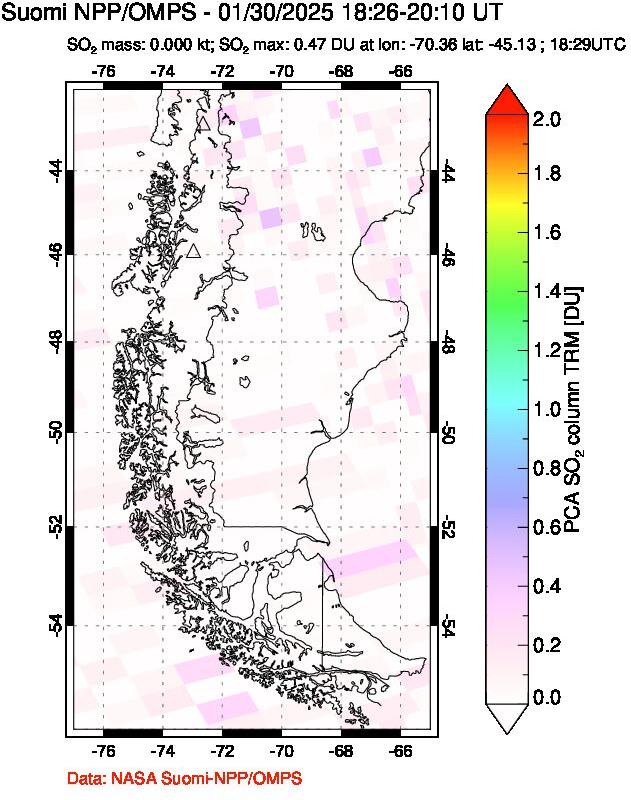 A sulfur dioxide image over Southern Chile on Jan 30, 2025.