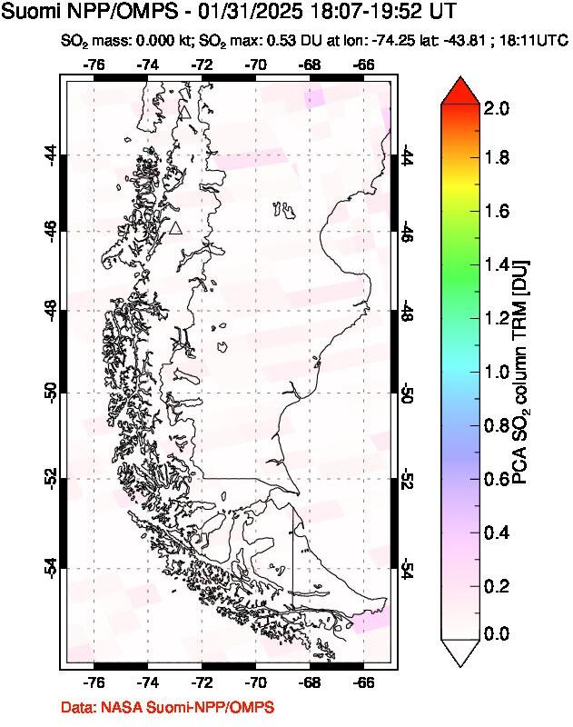 A sulfur dioxide image over Southern Chile on Jan 31, 2025.