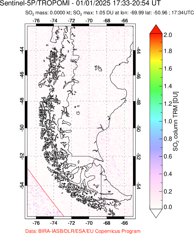 A sulfur dioxide image over Southern Chile on Jan 01, 2025.