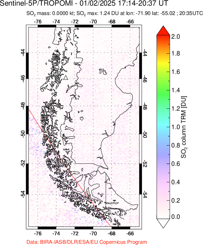 A sulfur dioxide image over Southern Chile on Jan 02, 2025.