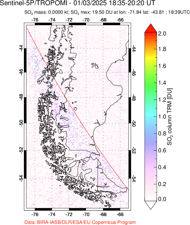 A sulfur dioxide image over Southern Chile on Jan 03, 2025.