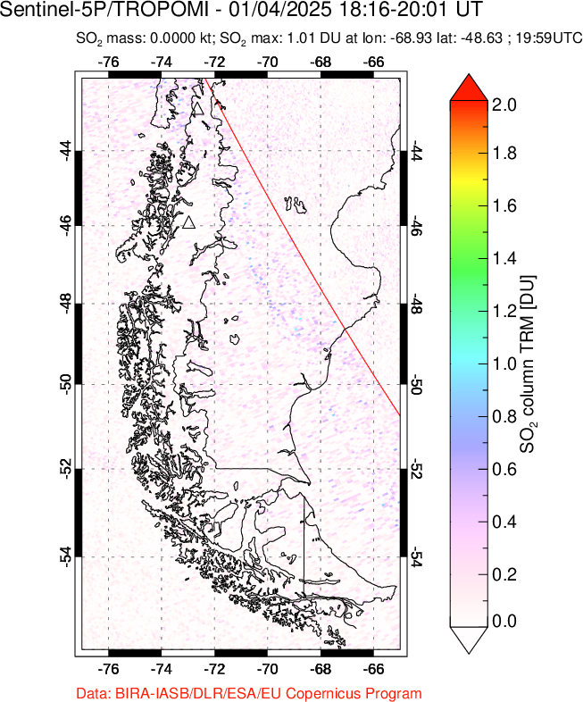 A sulfur dioxide image over Southern Chile on Jan 04, 2025.