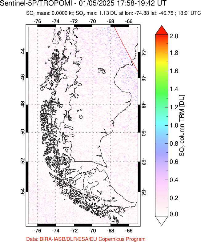 A sulfur dioxide image over Southern Chile on Jan 05, 2025.