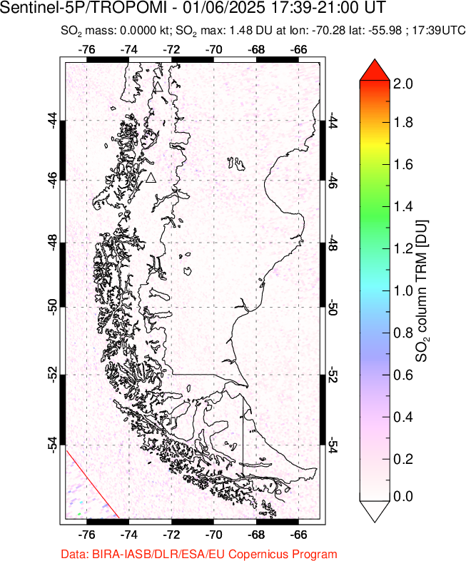 A sulfur dioxide image over Southern Chile on Jan 06, 2025.