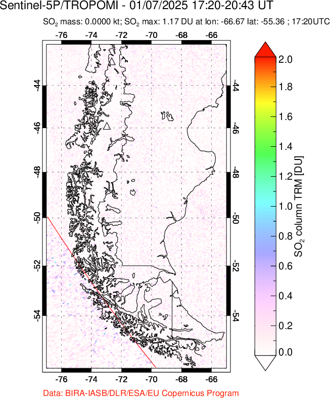 A sulfur dioxide image over Southern Chile on Jan 07, 2025.