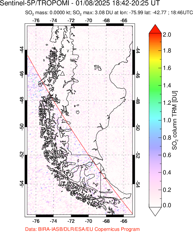 A sulfur dioxide image over Southern Chile on Jan 08, 2025.