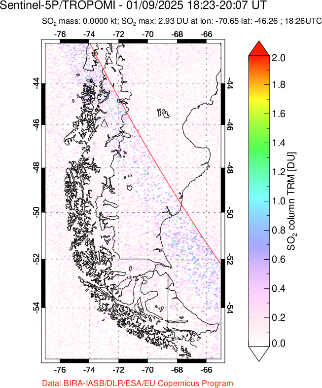 A sulfur dioxide image over Southern Chile on Jan 09, 2025.