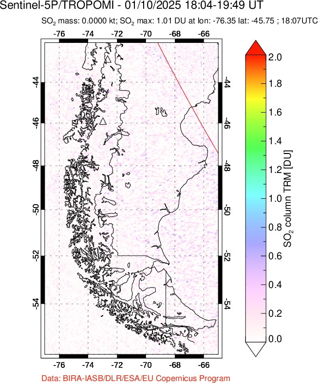 A sulfur dioxide image over Southern Chile on Jan 10, 2025.