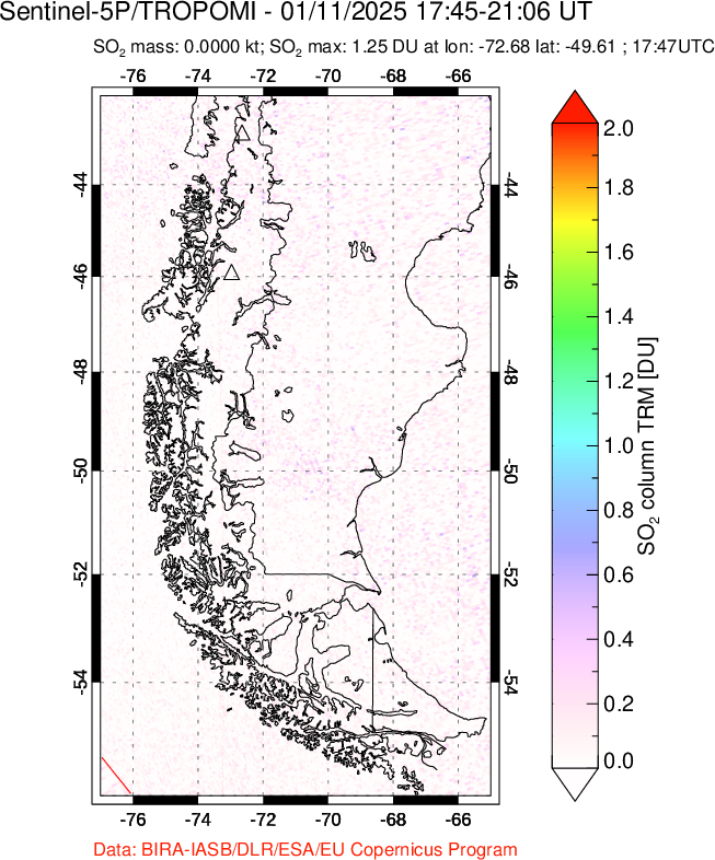 A sulfur dioxide image over Southern Chile on Jan 11, 2025.