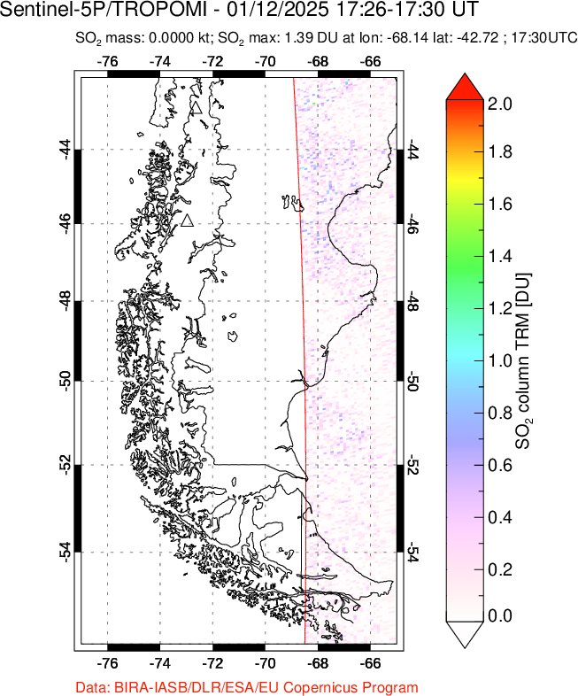 A sulfur dioxide image over Southern Chile on Jan 12, 2025.